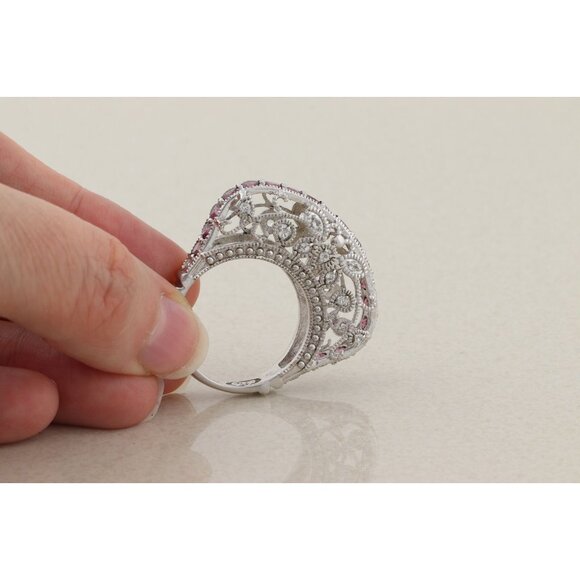 Sterling Silver Pink Tourmaline and White Topaz Butterfly Floral Ring Size 9 1/4 - Picture 1 of 10